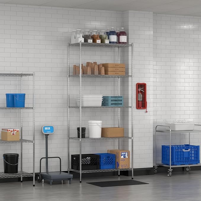 Commercial NSF Listed Chrome Stationary Wire Shelving Kit 21" x 42" x 96", with 5 Shelves Perfect for Warehouse, Walk-in Refrigerator, Freezer, Grocery Store, Restaurant, Dishroom