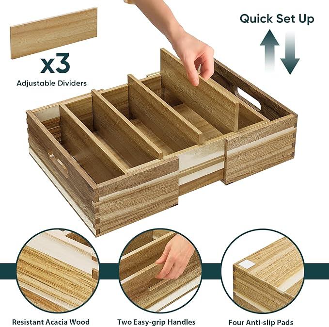 Expandable Lid Organizers Inside Cabinet, Kitchen Cabinet Organizers with 3 Adjustable Dividers, Storage Plastic Lids, Food Container Lid Holder Organizer for Drawer Pantry, Acacia