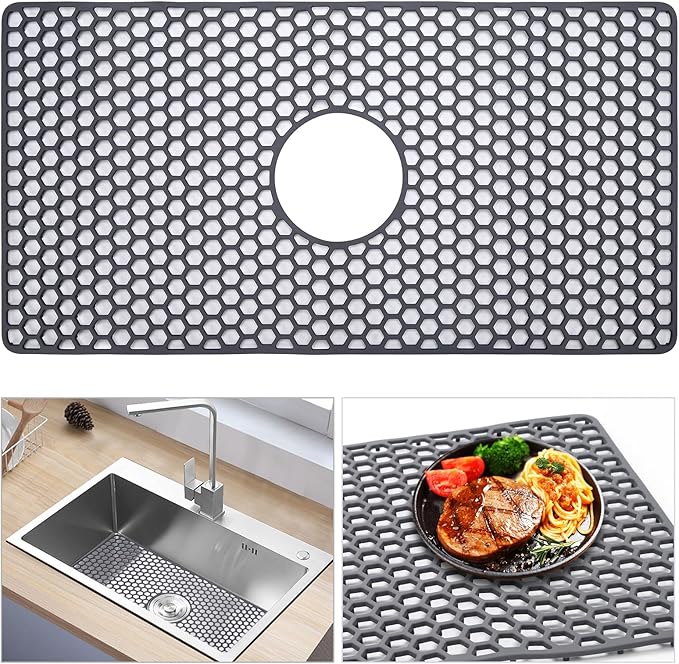 Myirxcv Sink Protectors for Kitchen Sink, 24.8"x 13" Farmhouse Kitchen Sink Protector Grid, Silicone Mat for Farmhouse Stainless Steel Porcelain Sink（Center Drain）