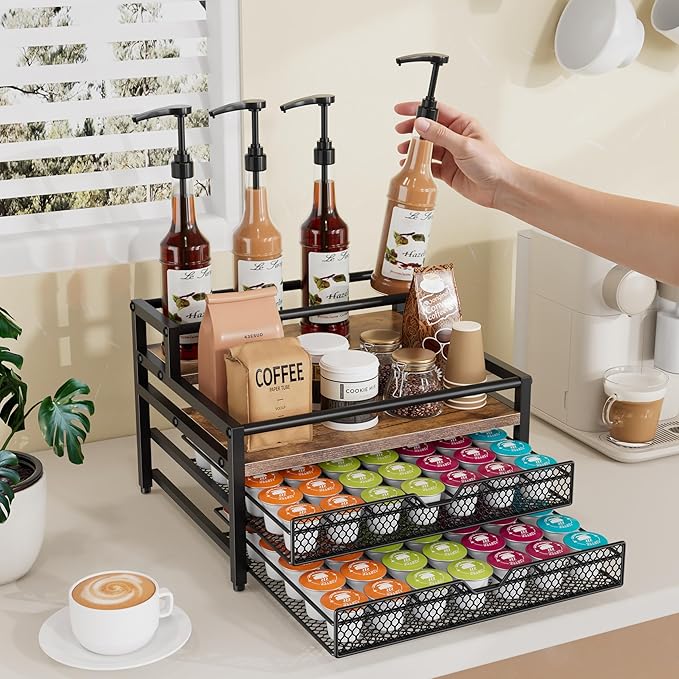 4 Tier Coffee Syrup Rack Organizer, Coffee Bar Organizer with 2 Sliding Drawers for K Cup Holder, Coffee Pod Holder for Coffee Station, Kitchen or Office Countertop, Brown
