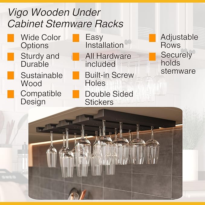 Rustic State Vigo 4 Sectional Adjustable Under Cabinet Mount Wood Stemware Rack Hanging Shelf Glassware Holder Bar Organizer with up to 12 Wine Glass Storage 12 Inch Black