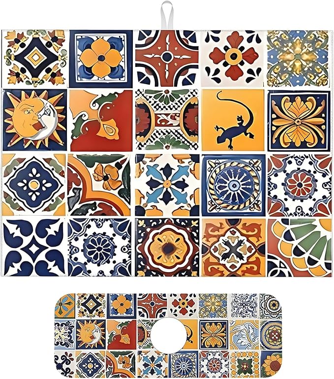 2Pcs Dish Drying Mats Faucet Mats Sets Large Size Coffee Mats Sink Faucet Mat Splash Guard for Kitchen Counter Bathroom Sink Coffee Bar Kitchen Decor (Retro Boho, 18"x24" 15" x 5.5"Set)