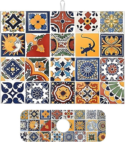 2Pcs Dish Drying Mats Faucet Mats Sets Large Size Coffee Mats Sink Faucet Mat Splash Guard for Kitchen Counter Bathroom Sink Coffee Bar Kitchen Decor (Retro Boho, 18"x24" 15" x 5.5"Set)
