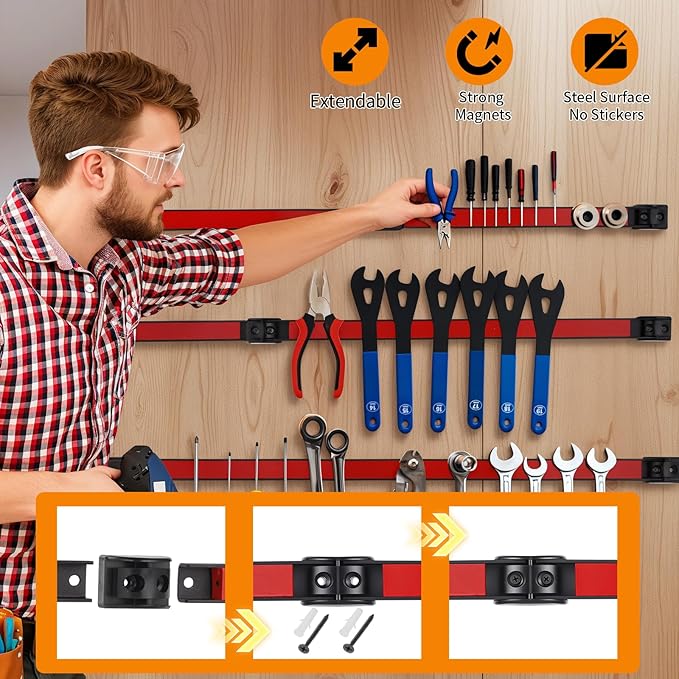 12" Magnetic Tool Holder Strip, 4 Pieces Red Metal Tool Organizer Rack with Stainless Steel Surface, Magnet Bar for Garage Workshop, Easy To Install with Mounting Screws
