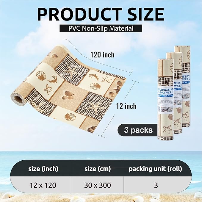 FIFTY FEET 12X120 Inch Shelf Liner for Kitchen Cabinets, PVC Drawer Liner for Dresser Non-Slip Bathroom, Non-Adhesive Cabinet Liner Washable (Beach)(3 Roll)