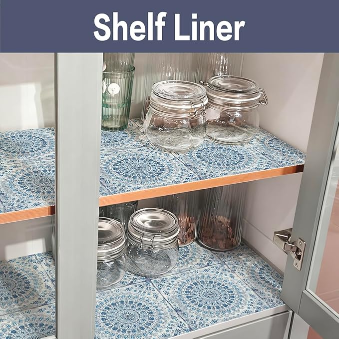 Vuacepe Drawer and Shelf Liner for Kitchen Cabinets Non-Adhesive Waterproof Boho Shelf Liner Strong Grip Non-Slip Drawer Liner Easy to Clean Blue Cabinet Liner for Shelf Dresser Cupboard 12IN × 10FT
