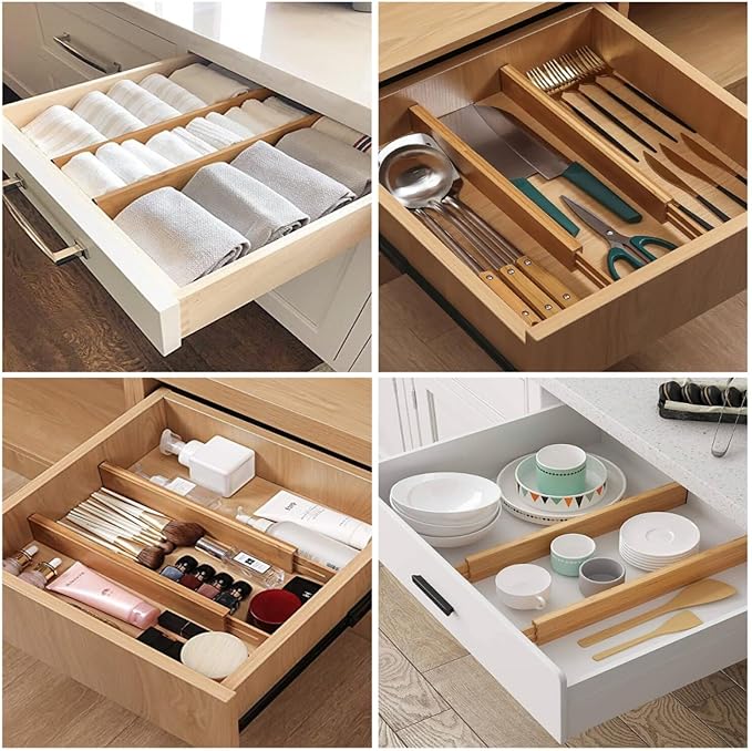 Expandable Bamboo Drawer Dividers 8 pack with labels(17"-22") Drawer Organizer for Kitchen, Clothes,Utensils,Silverware,Dresser,Office,Desk