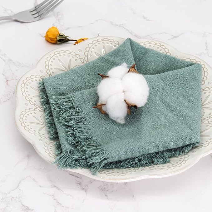 Handmade Cloth Napkins with Fringe,18 x 18 Inches Cotton Linen Napkins Set of 12 Versatile Handmade Square Rustic Fringe Napkins for Dinner, Wedding and Parties, Sage