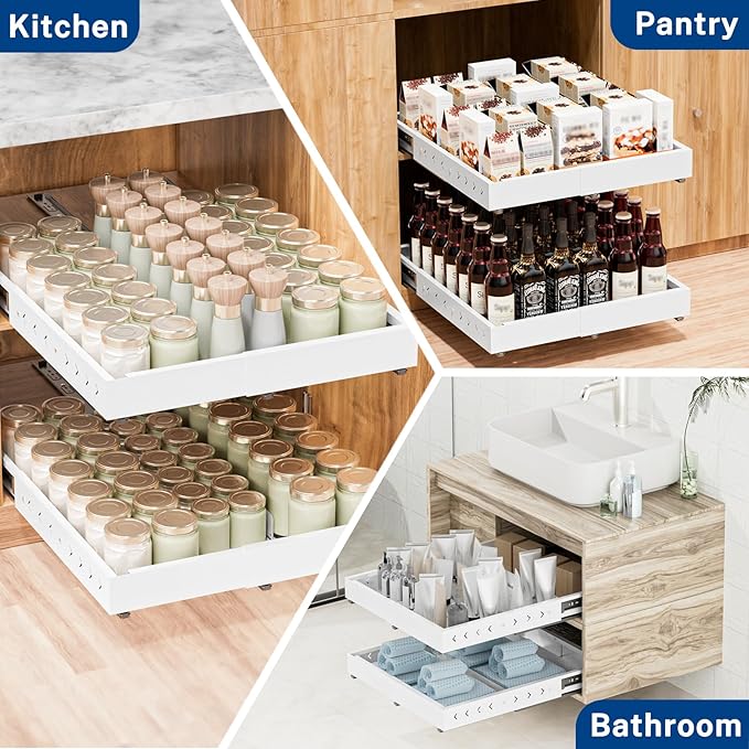 Insputer Pull Out Cabinet Organizer Expandable (12.4"-20.08")W & (16.26"-22.44")D, Slide Out Drawers for Kitchen, Pantry with 2Pcs Magnetic Panel, 3 Slide Rails, No Drill Adhesive Roll Out Shelf White