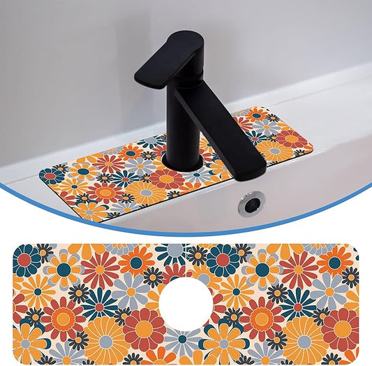 Retro Abstract Floral Faucet Mat Splash Guard Colorful Floral, Soft Diatom Mud Material, Strong Water Absorption, Non-slip,Easy to Clean for Bathroom, Kitchen 15"X5.5"