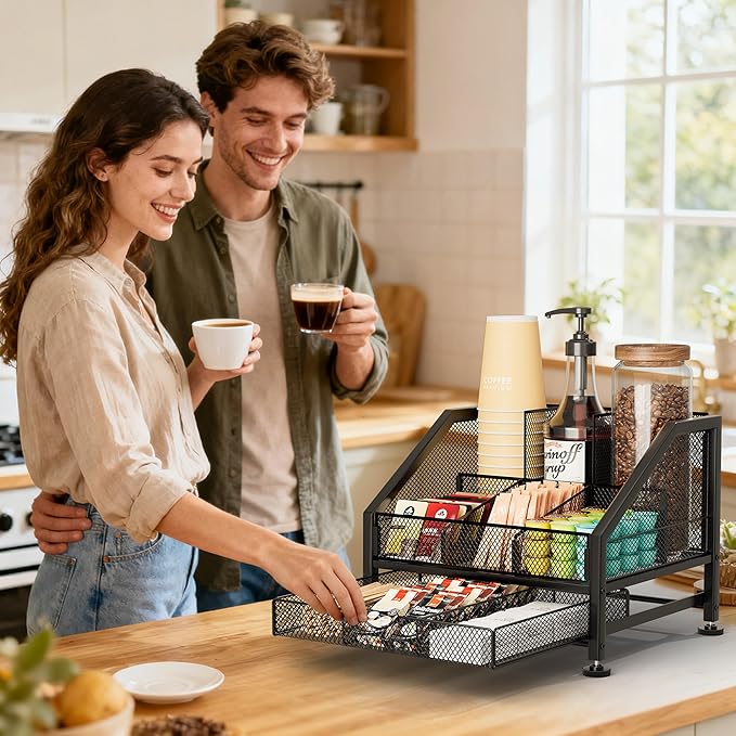 SWTYMIKI Coffee Bar Organizer for Countertop – Space-Saving Kcup Organizer with Drawer and Tiered Shelves, Countertop Coffee Station for Pods, Sugar, Syrup, Cups, Stirrers, Mesh Condiment Storage
