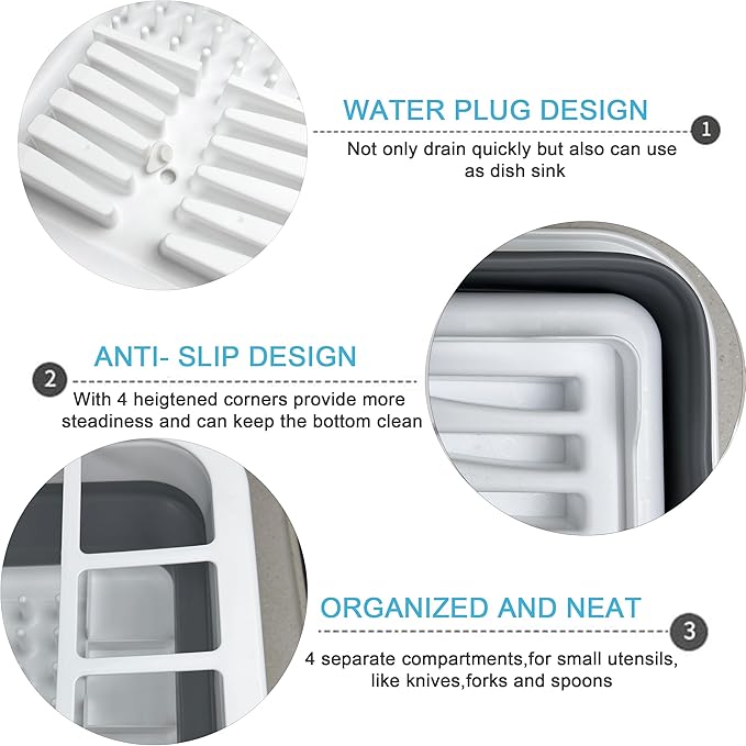 Collapsible Dish Drainer with Drain Plug and Swivel Spout, Space-Saving, Portable Dish Rack for Kitchens, RVs, Campers and Travel Trailers