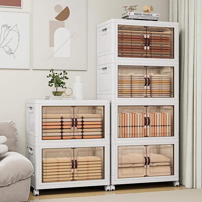 Storage Bins with Lids and Wheels, 314QT-157QT*2Tier Collapsible Bathroom Storage Cabinet with Clear Doors, Plastic Stackable Closet Organizers and Containers White