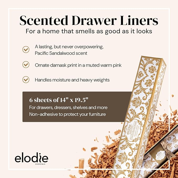 Elodie Essentials Scented Drawer Liner Sheets - 14" x 19.5" (Royal Damask) Pacific Sandalwood Non-Adhesive Paper Liners & Shelf Paper for Dressers, Cabinets & Bathroom Drawers, Birthday Present Idea