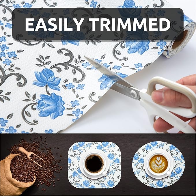 FIFTY FEET 12X120 Inch Shelf Liner for Kitchen Cabinets, PVC Drawer Liner for Dresser Non-Slip Bathroom, Non-Adhesive Cabinet Liner Washable (Blue Floral)(6 Roll)