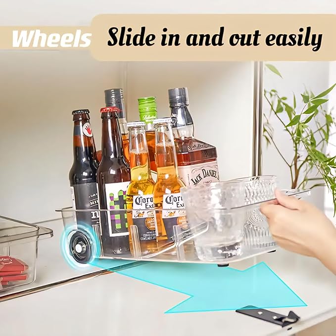 Rolling Clear Storage Box with Wheels (1 Piece) – Transparent Organizer Drawer for Kitchen, Bathroom, Pantry or Under Fridge – Adjustable Divider, Anti-Slip Base, Durable PET Plastic