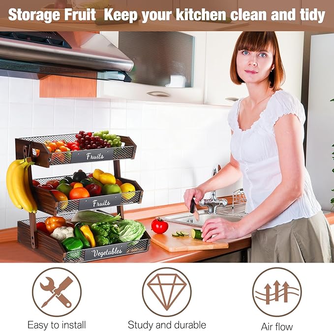 3 Tier Fruit Basket for Kitchen Counter Organizer with Banana Hangers Wooden Fruit Basket Kitchen Counter Storage Holder for Onion Potato Bread Vegetable Organize(15.75 x 13.7 x 16.9 Inches)