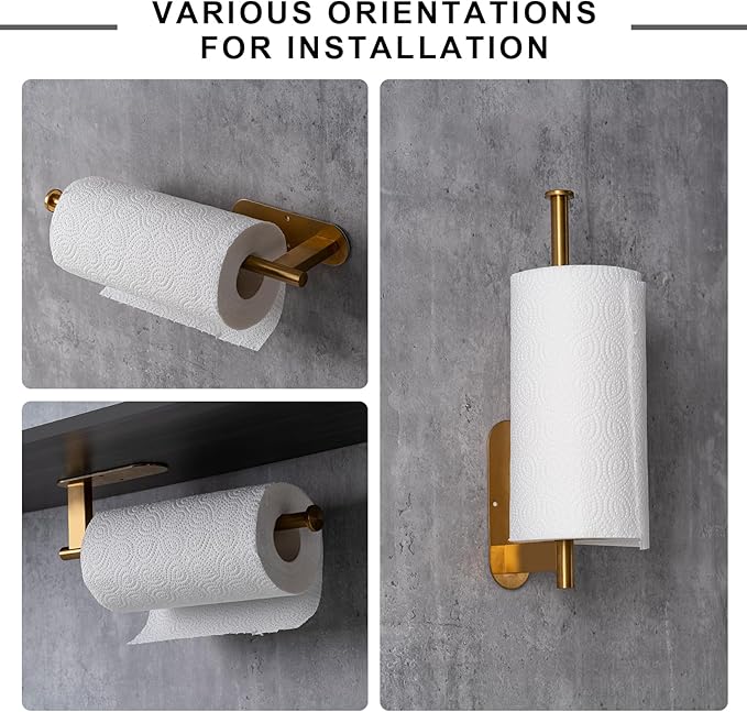 Paper Towel Holder, Upgrade SUS304 Stainless Steel Paper Towel Holder Under Cabinet, Bend-Resistant, Self-Adhesive or Drill mounting (Gold)