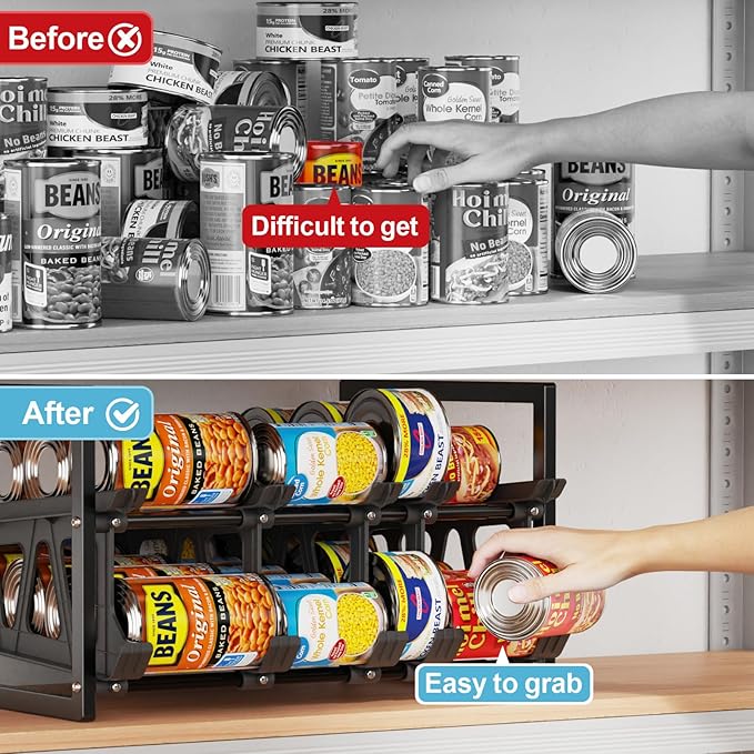 iSPECLE Can Storage Organizer Pantry, 2 Pack Auto Rolling Canned Food Organizer, Store 80 Cans Stackable & Extendable Pantry Organizers and Storage, Easy Access and Fit Most Pantry Shelf Space, Black