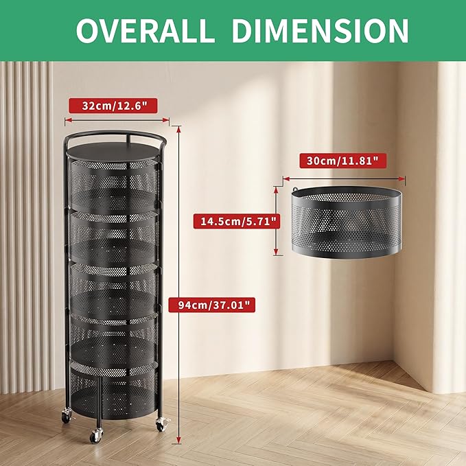 Rotating Fruit Basket, 5-Tier Metal Sturdy Kitchen Storage Rack Shelf Carts No Assembly on Rolling Wheels for Fruit Vegetable Grocery Corns Potato Onion (5-Tier, Black)