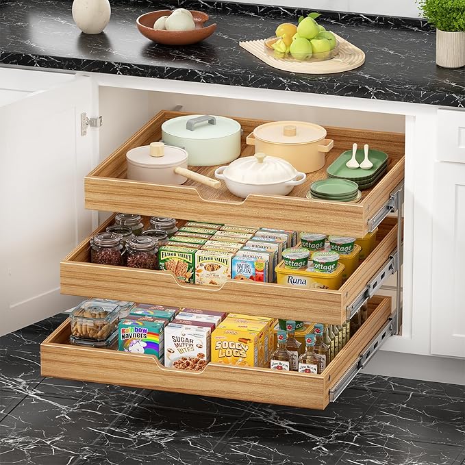 ROOMTEC 3 Tier Pull Out Cabinet Organizer, Heavy-Duty Pull Out Drawer, Slide Out Wood Shelf for Cabinets, Base Cabinet Organization for Pantry, Bathroom (27" Wx21 D)