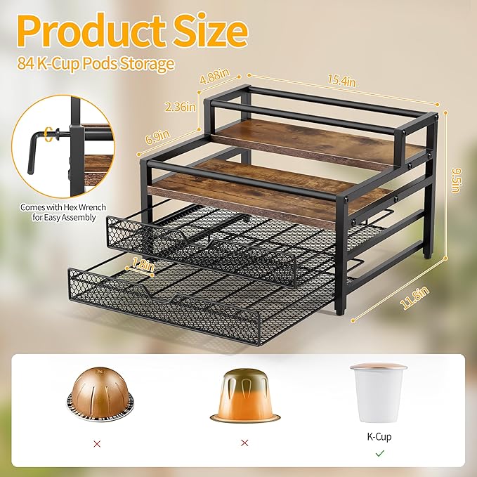 4 Tier Coffee Syrup Rack Organizer, Coffee Bar Organizer with 2 Sliding Drawers for K Cup Holder, Coffee Pod Holder for Coffee Station, Kitchen or Office Countertop, Brown