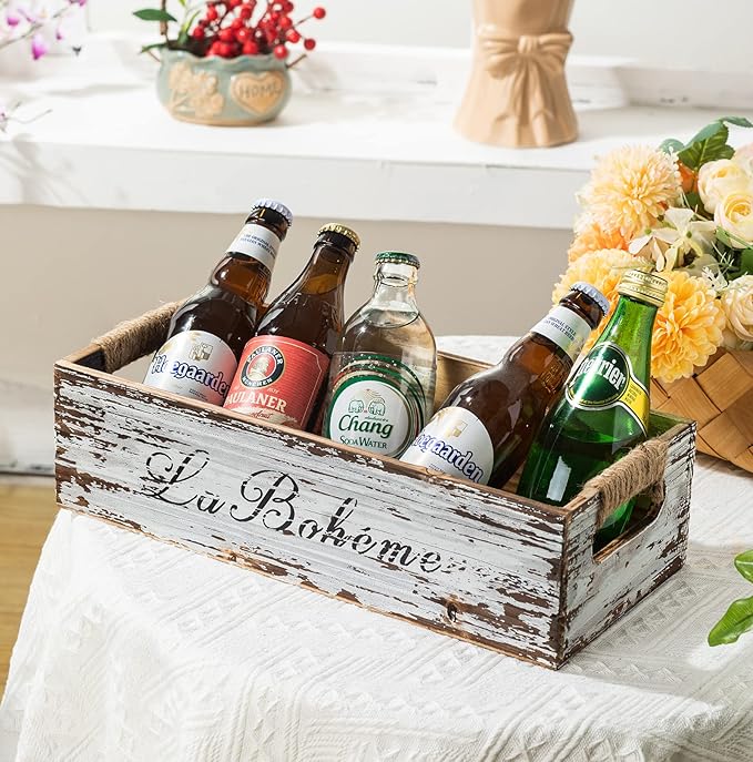 TIMRIS Farmhouse Distressed Wooden Storage Box, Rustic Bathroom Decor Box, Decorative Toilet Tank Basket Nice Butt, Vintage Countertop Organizer Box with Handles (Distressed White)