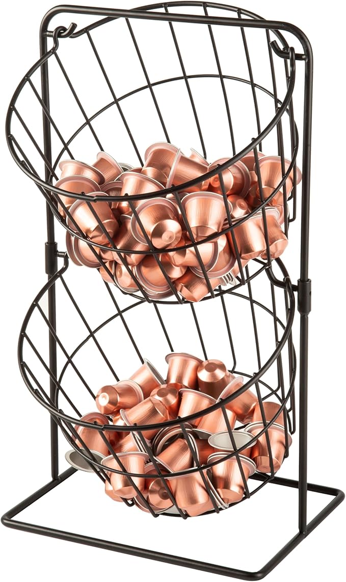 2 Tier Coffee Pod Holder - K Cup Holder Organizer,Hanging Basket Stand for Kitchen Countertop,Coffee Bar Accessories, Metal Black