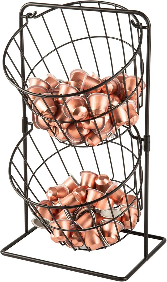 2 Tier Coffee Pod Holder - K Cup Holder Organizer,Hanging Basket Stand for Kitchen Countertop,Coffee Bar Accessories, Metal Black