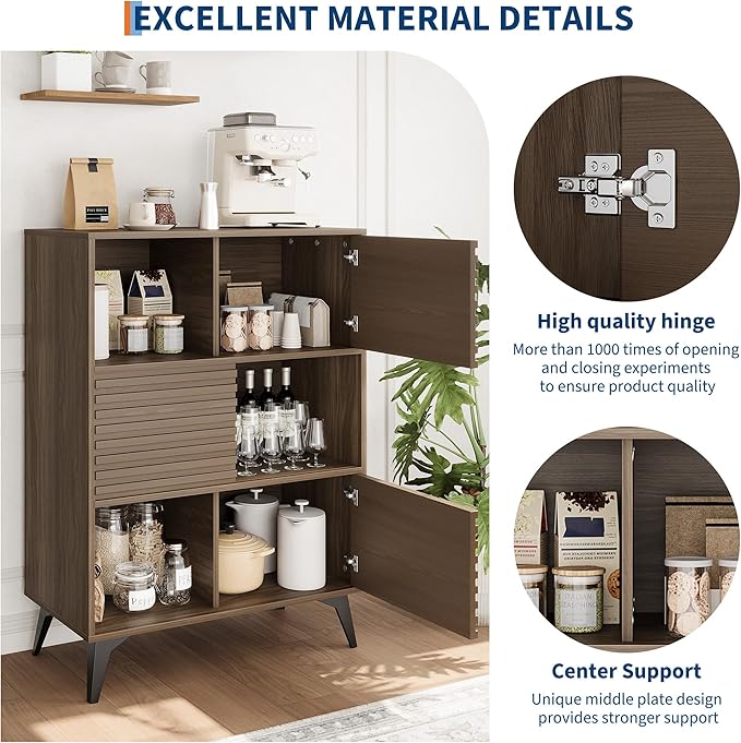 IDEALHOUSE Fluted Cabinet with Sliding Doors, Modern Wooden Storage Cabinet with Metal Base, 31 Inch Sideboard Cabinet with Storage for Dining Room,Living Room, Entryway