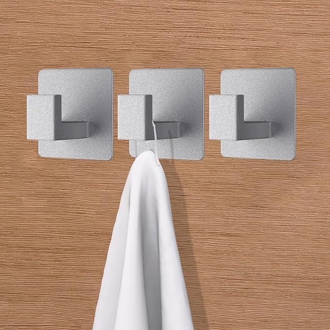 VAEHOLD 4 Pack Adhesive Towel Hooks, Heavy Duty Wall Hooks Aluminum Hooks Stick on Door, Kitchen, Bathroom for Hanging Coat, Hat, Towel, Robe, Clothes (Silver)