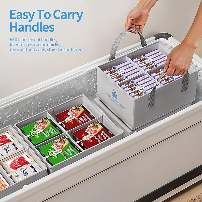 Housolution 2 Pack Freezer Organizer Bins, Collapsible Deep Chest Freezer Organizer Bins with Removable Dividers, Label Pockets, Waterproof Freezer Storage Bins with Portable Handle (19"x14"x9")