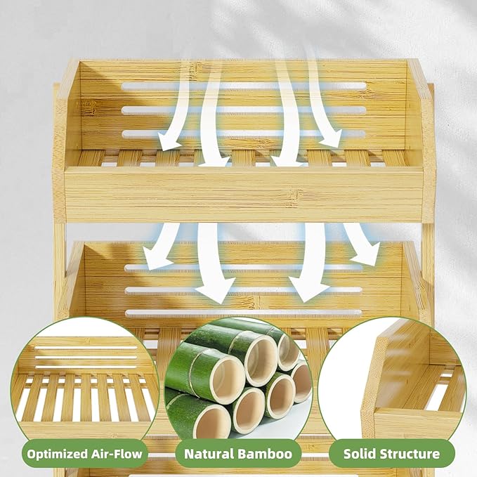 Simple Trending 3-Tier Natural Bamboo Fruit & Vegetable Basket Organizer, Ventilated Countertop Kitchen Storage with 2 Removable Banana Hooks, Sturdy for Fruits, Veggies, Snacks, Bread, Easy Assemble
