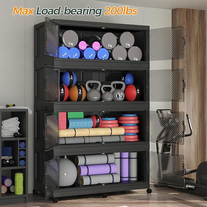 300Gal/1200QT 5-Tiers Extra Large Stackable Storage Bins with Lid, Collapsible Cabinet Closet Organizer Plastic Container Box with Wheels Doors Drawers for Office Dorm Kitchen Office, Black