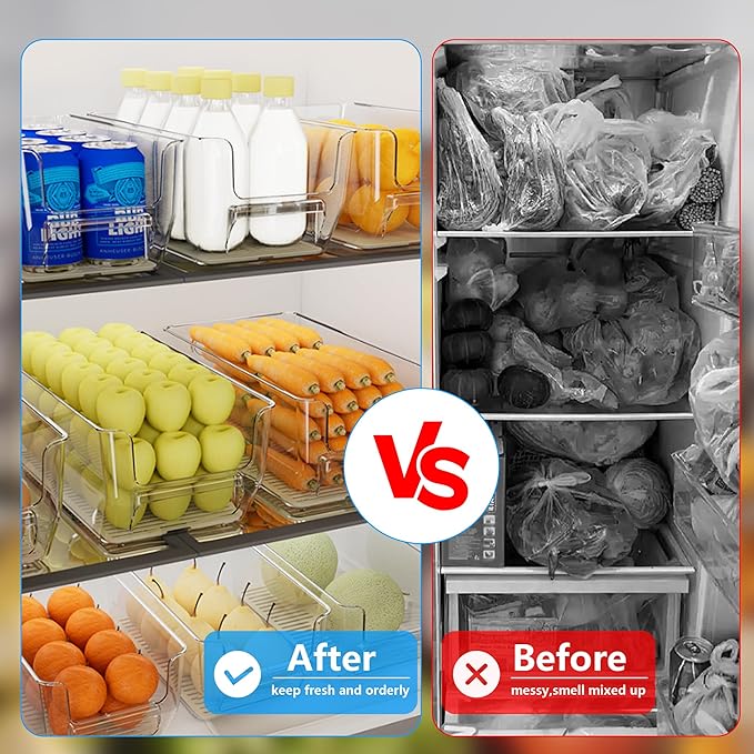 7Pcs Clear Plastic Storage Bins, Refrigerator Organizer Bins with Handles, Freezer Organizer Clear Organizing Bins, BPA-Free Fridge Storage Containers for Fridge, Freezer, Cabinet, Kitchen, Pantry