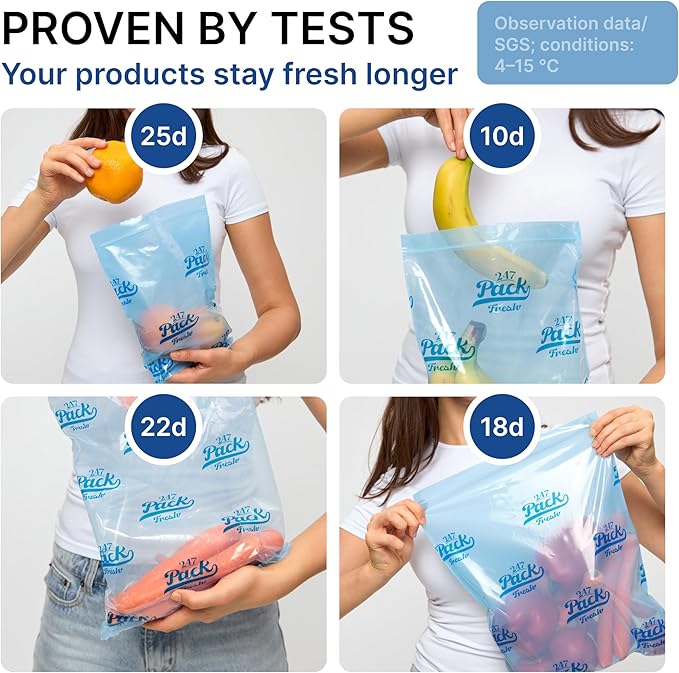 Freshpack 247 Food Bags – Tear-Off Bags on a Roll, Reusable, Ethylene Absorption Helps Keep Food Fresh up to 3× Longer – Biodegradable, BPA-Free, UV-Shielded, SGS Tested (Small)