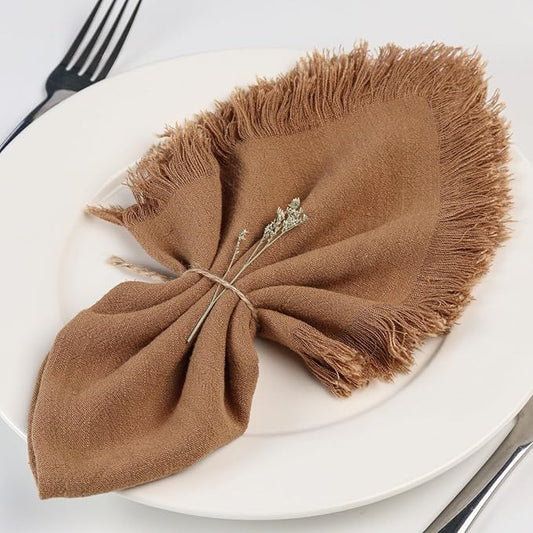 Handmade Cloth Napkins with Fringe,18 x 18 Inches Cotton Linen Napkins Set of 4 Versatile Handmade Square Rustic Fringe Napkins for Dinner, Wedding and Parties, Taupe