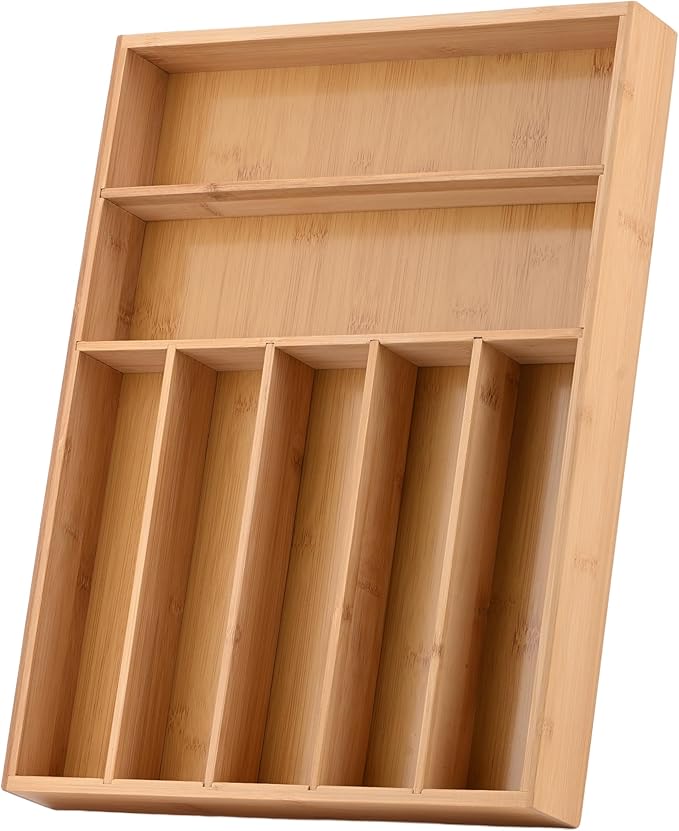 JIMMY LUCKY Wooden Silverware Organizer for Drawer, Bamboo Utensil Drawer Organizers, Kitchen Utensil Organizer Tray with 7 Storage Compartments, Flatware Organizers for Cutlery Flatware