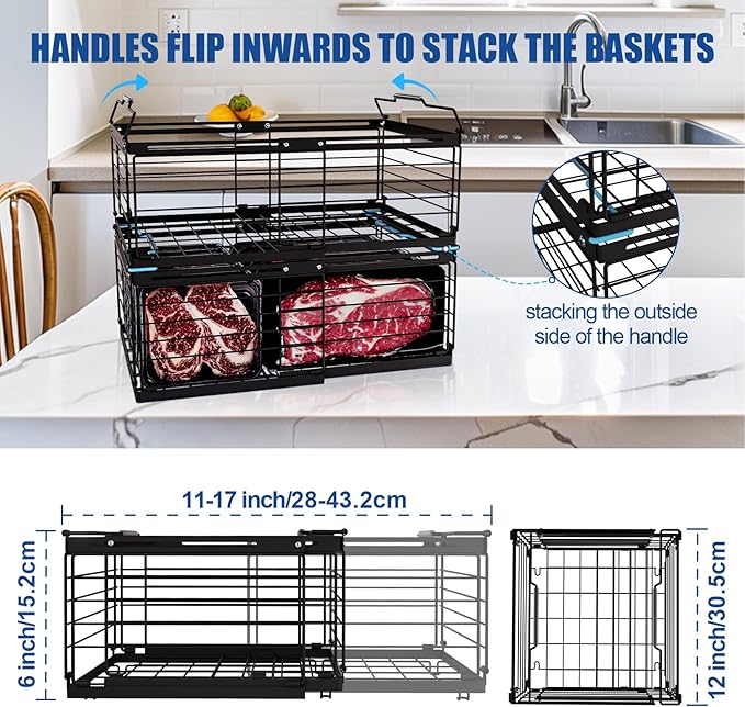 2Pcs Freezer Organizer Bins,11 to 17 inchs Large Scalable Stackable Freezer Storage Containers,Deep Freezer Organizer Bins Effectively Classify Food,Foldable Side Handles for Extra Storage Space