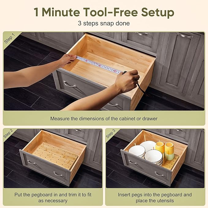 Wooden Pegboard Drawer Organizer Storage - Trimmable Peg Board Organizer for Kitchen Cabinet & RV, Adjustable Shelf with 12 Pegs, for Utensil, Plates & Dishes Rack, 15x5.9 inch, 2 Pack