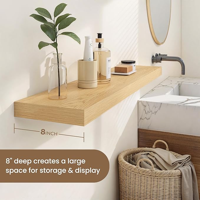 Dreamland 24 Inches Floating Shelves for Wall, 8" Deep Long Floating Shelves Set of 2, Large Display & Storage Shelf, Wall Shelf for Bathroom Bedroom Living Room Kitchen Office, Oak