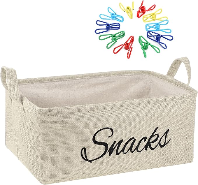 17 Pcs Snack Basket Sets, Snack Storage Bin for Pantry Shelves with 16 Pcs 2 Inch Chip Clips, Basket Organizer for Kitchen, Chips, Popcorn, Candy, Pretzels (Cream-colored,Burlap)