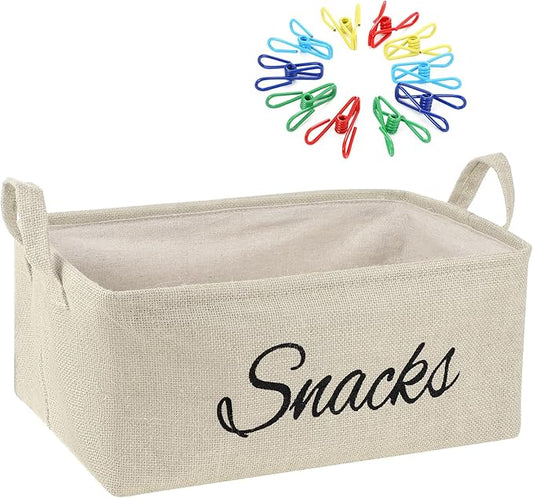 17 Pcs Snack Basket Sets, Snack Storage Bin for Pantry Shelves with 16 Pcs 2 Inch Chip Clips, Basket Organizer for Kitchen, Chips, Popcorn, Candy, Pretzels (Cream-colored,Burlap)