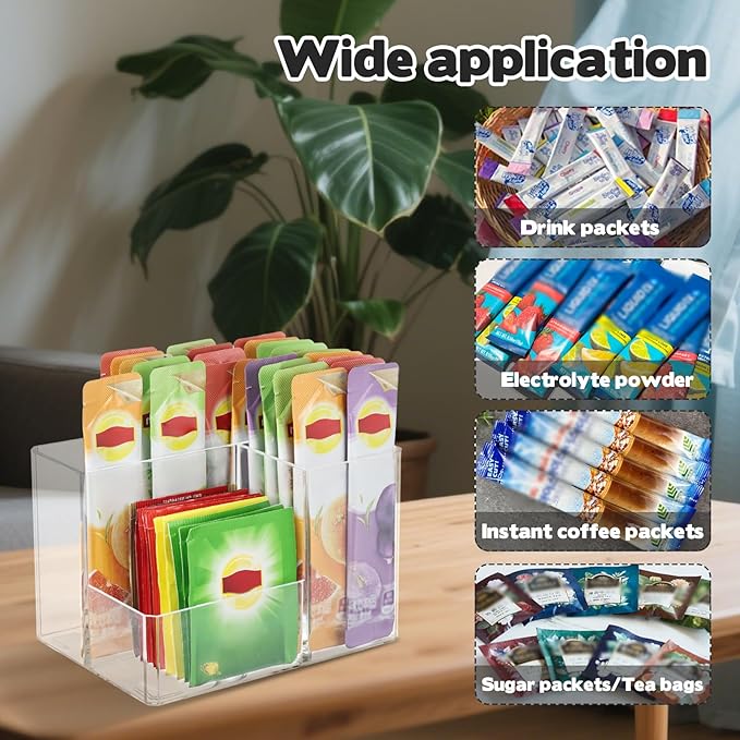 Water drink Packet Holder, Drink Packet Organizer, Water Flavor Packet Storage Container, Acrylic Water Flavor Storage Basket with Dividers for Storage Bins for Refrigerator Pantry Bins Cabinets