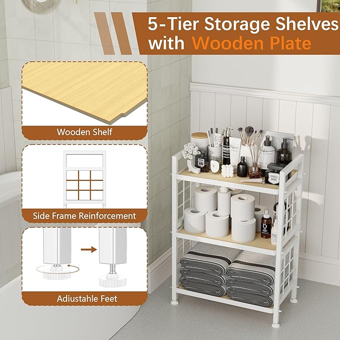 GIOTORENT 3-Tier Pantry Shelves with Wooden Boards, Heavy Duty Storage Shelves & Book Shelf, Adjustable Metal Shelving Unit for Kitchen Bathroom Laundry Organizer, Sturdy Rust-Resistant, White