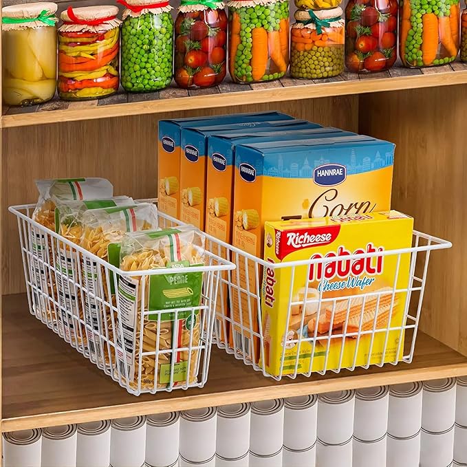 GEDLIRE 15.2" Metal Wire Baskets for Organizing 6 Pack, Household Pantry Storage Freezer Organizer Bins with Handles, Freezer Baskets for Upright Freezer, Refrigerators, Kitchen Cabinets, White