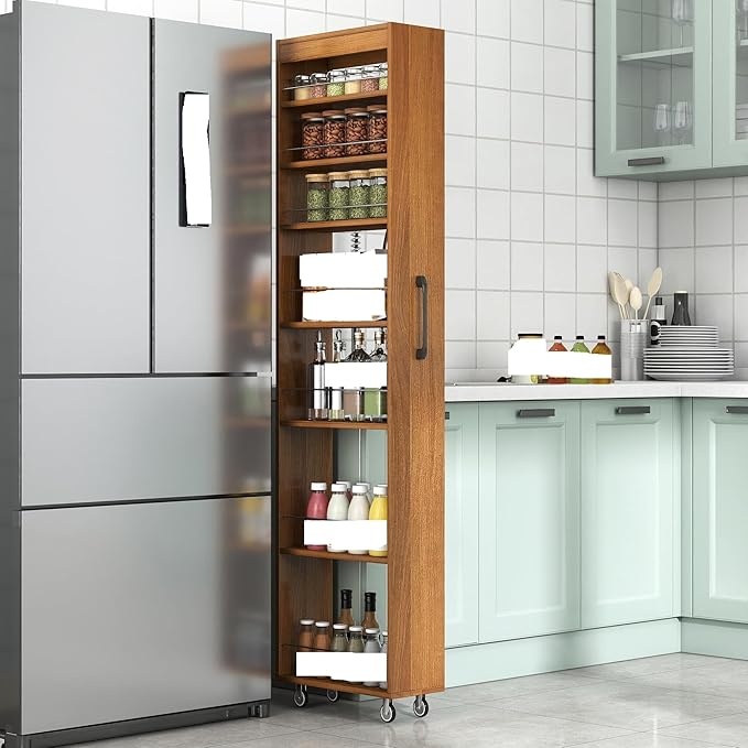 7-Tier Slim Pull-Out Storage Cart with Wheels – Multi-Functional Mobile Organizer, 7 Open Shelves + Top, Adjustable Height, Protection Bars, Perfect for Kitchen, Living Room & Narrow Spaces (Oak)