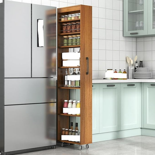 7-Tier Slim Pull-Out Storage Cart with Wheels – Multi-Functional Mobile Organizer, 7 Open Shelves + Top, Adjustable Height, Protection Bars, Perfect for Kitchen, Living Room & Narrow Spaces (Oak)