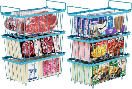 iSPECLE Deep Freezer Organizer Bins, 6 Pack Stackable Wire Baskets for 7 Cu.Ft Chest Freezers, Metal Food Storage Handles for Meat and Vegetables, Metal Handles for Sorting Frozen Food, Blue