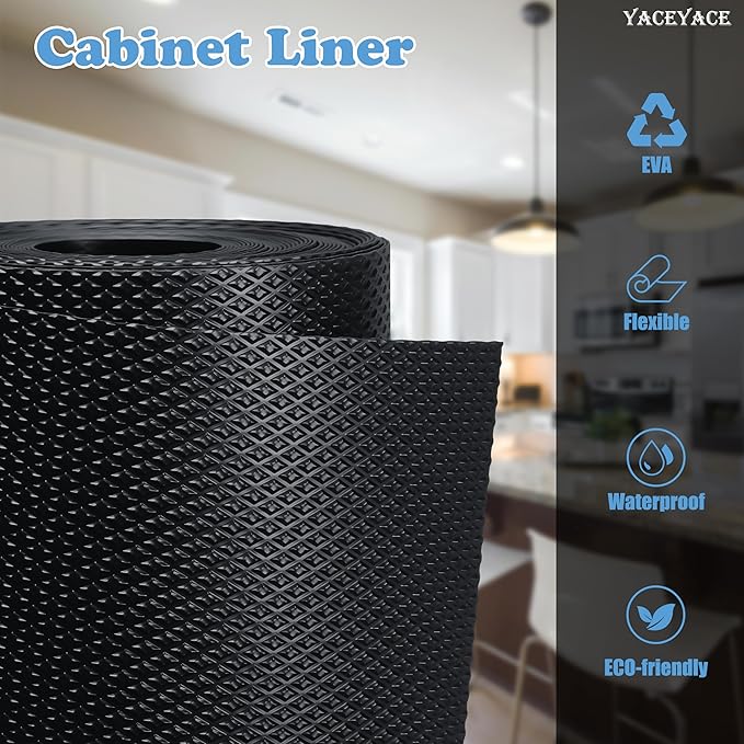 YACEYACE Drawer Liners for Kitchen Cabinets, Black 12” x 10 FT Shelf Liner Non Slip Waterproof Mat for Protection Table, Desk, Cupboard, Cabinets